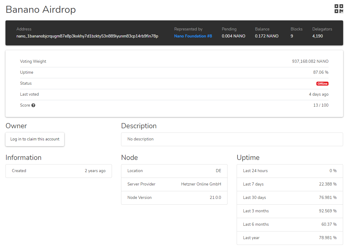 A screenshot from My Ninja Nano showing the Banano Airdrop node has been offline for 4 days, and currently has over 900,000 NANO delegated to it.