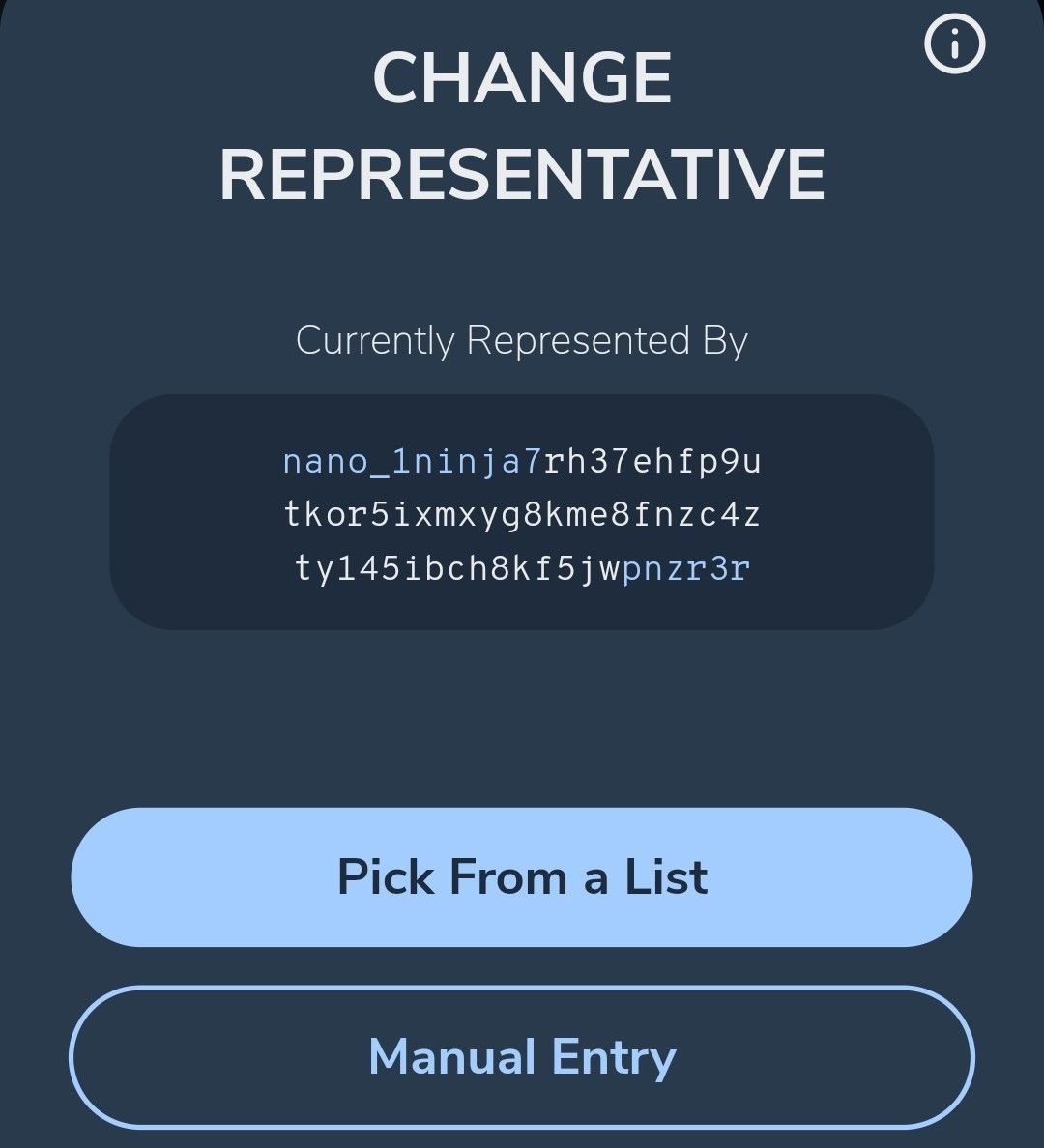 The 'Change Representative' screen in Natrium shows the representative for the current account with an option to pick a new representative from a list or manually define one. 