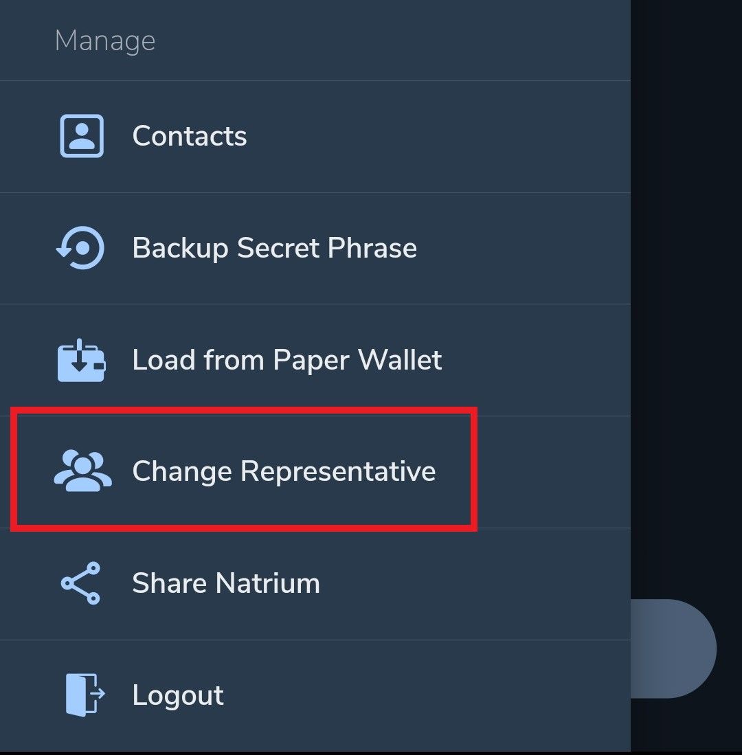 The 'settings cog' menu in Natrum with the 'Change Representative' button annotated with a red box around it